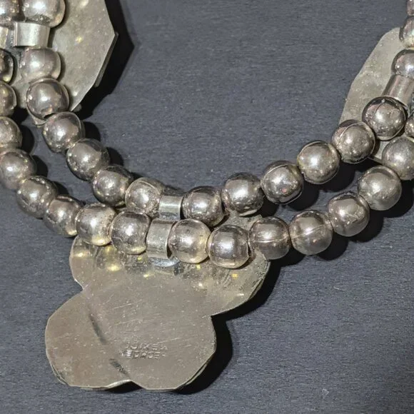 Lg Estate 1960s Native Mexican Malachite Dbl Strand Sterling Silver 18" Necklace - Picture 3 of 4